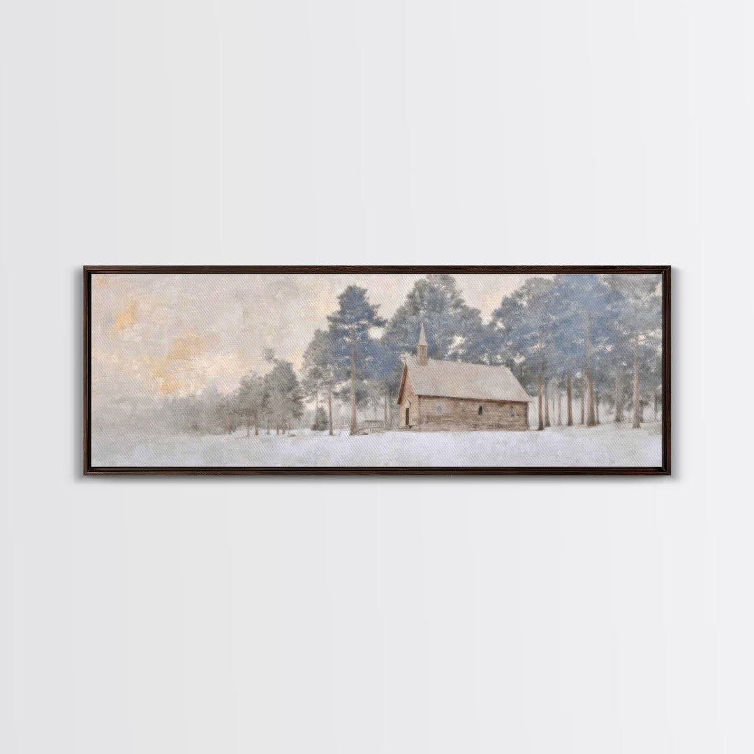 Winter Chapel Peace | Framed Canvas Print | Panoramic Art | Christian Wall Art | Christian Art Canvas | Christmas Art | Christian Christmas