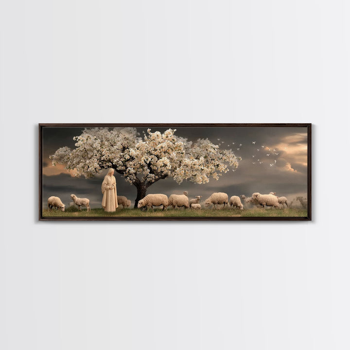 Gentle Orchard Calm, Framed Canvas Print, Christian Wall Art, Panoramic Painting, Jesus Art Print, Christian Christmas Art, Christian Canva