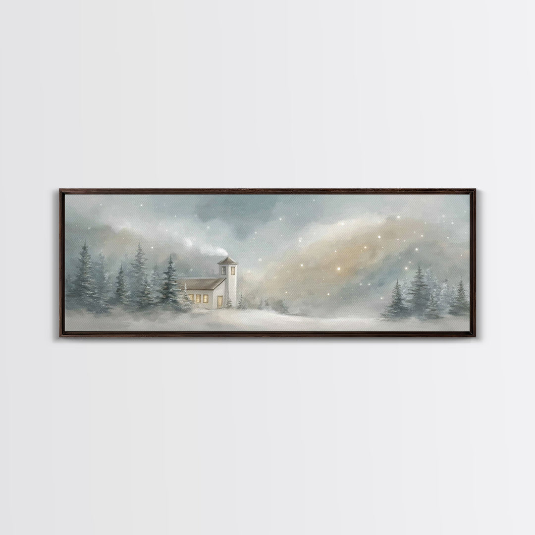 Snowy Chapel Light – Framed Canvas Print – Panoramic Painting – Christian Wall Art – Christmas Art – Christian Art Canvas – Christian Chris