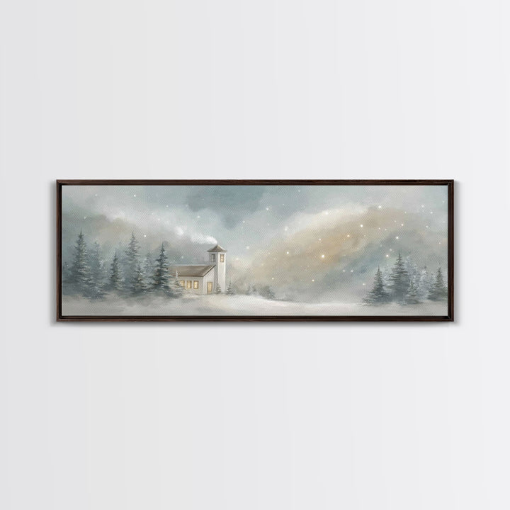 Snowy Chapel Light – Framed Canvas Print – Panoramic Painting – Christian Wall Art – Christmas Art – Christian Art Canvas – Christian Chris
