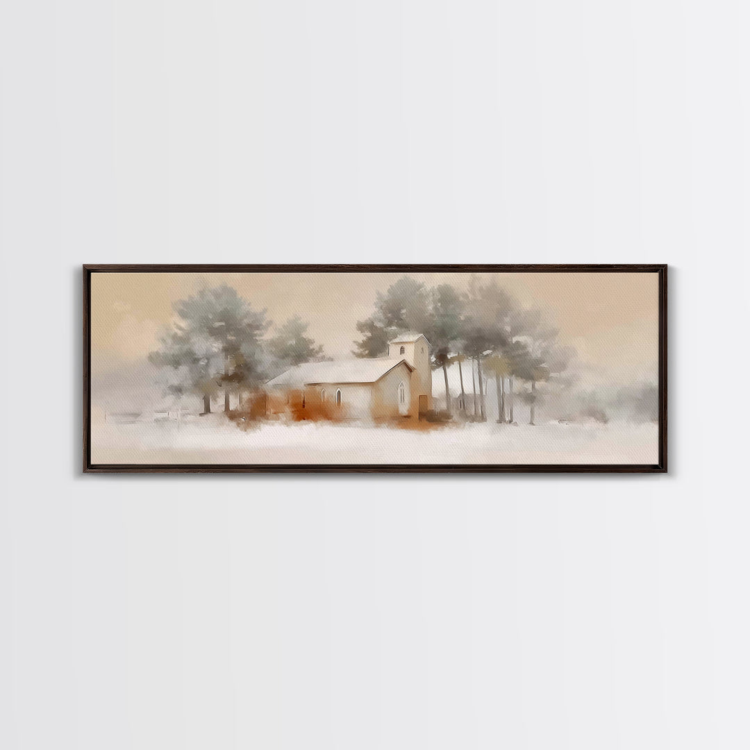 Silent Chapel Glow, Framed Canvas Print, Christian Wall Art, Christmas Canvas Wall Art, Christian Christmas Art, Panoramic Print, Christian