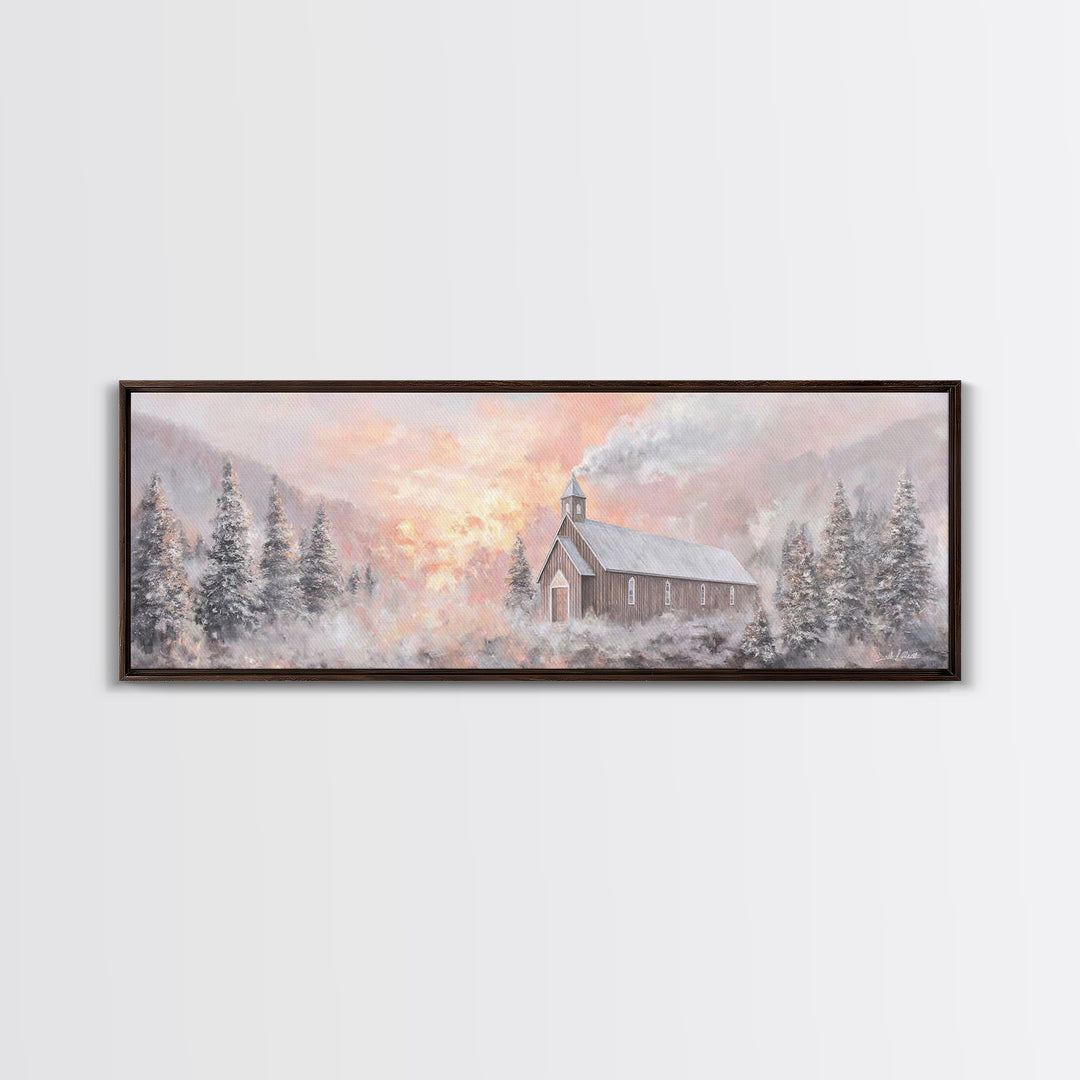 Snowlit Church Dawn | Framed Canvas Print | Christian Wall Art | Christmas Art Work | Christian Christmas Decor | Panoramic Painting | Chri