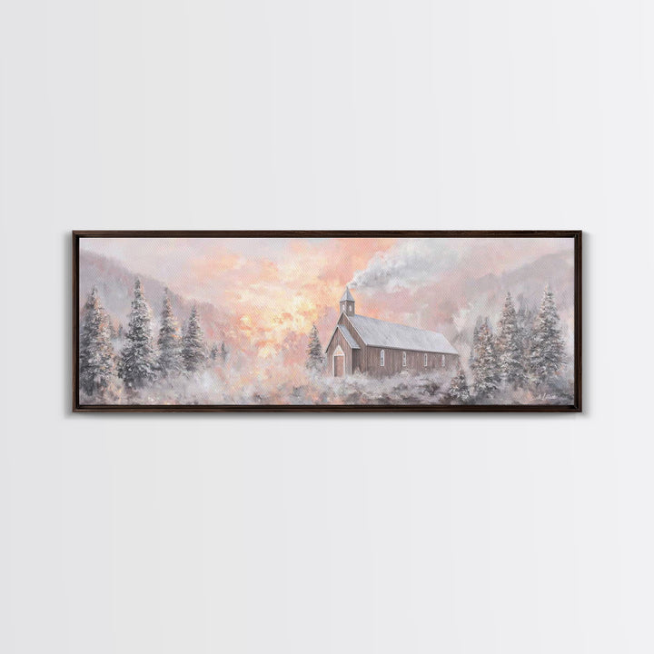 Snowlit Church Dawn | Framed Canvas Print | Christian Wall Art | Christmas Art Work | Christian Christmas Decor | Panoramic Painting | Chri