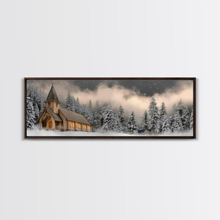 Midnight Chapel Light – Framed Canvas Print – Christian Wall Art – Framed Christmas Art – Christian Christmas Decorations – Panoramic Art –