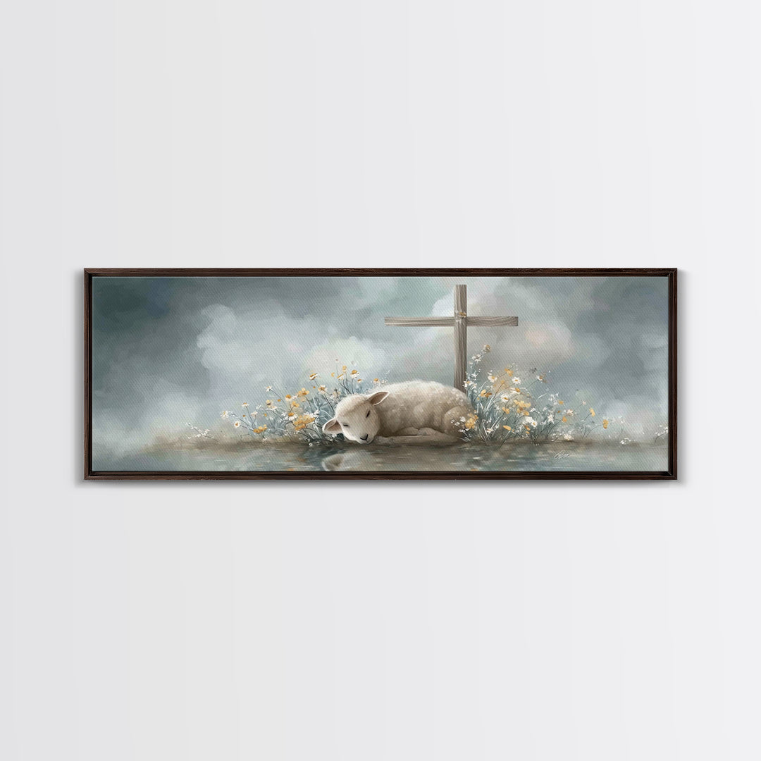 Gentle Lamb Peace, Framed Canvas Print, Christian Art Canvas, Panoramic Wall Art, Christian Painting, Christmas Art, Christian Gift Ideas