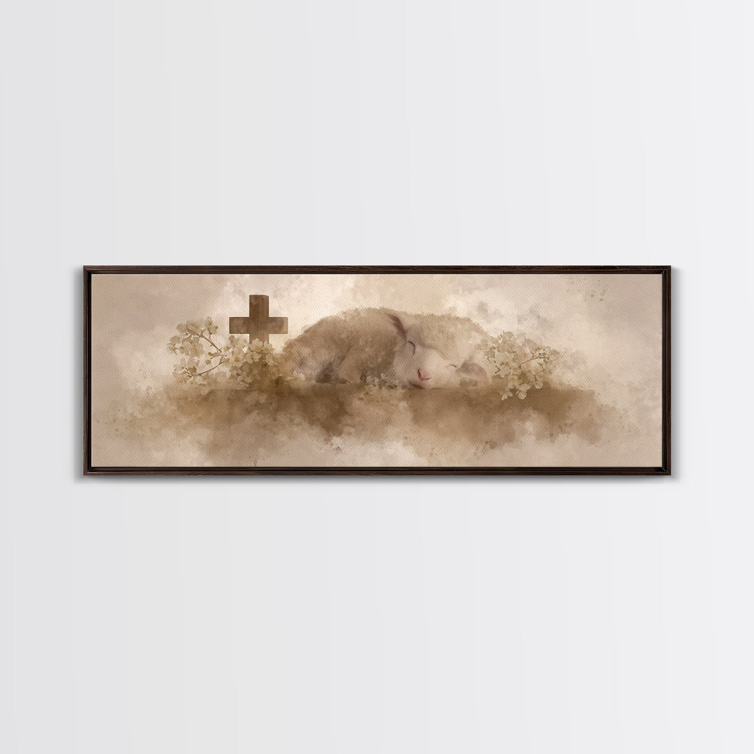 Lamb Of Comfort | Framed Canvas Print | Christian Art Canvas | Extra Wide Art | Christian Paintings | Christmas Canvas Wall Art | Christian