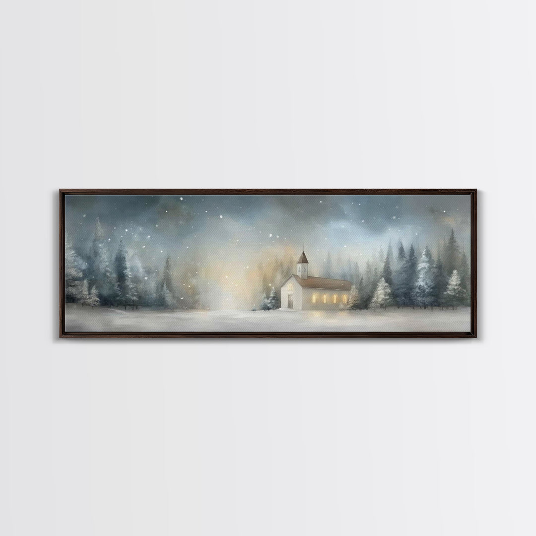 Winter Chapel Peace – Framed Canvas Print – Christian Wall Art – Panoramic Print – Christmas Art – Modern Christian Art – Christian Gift Id