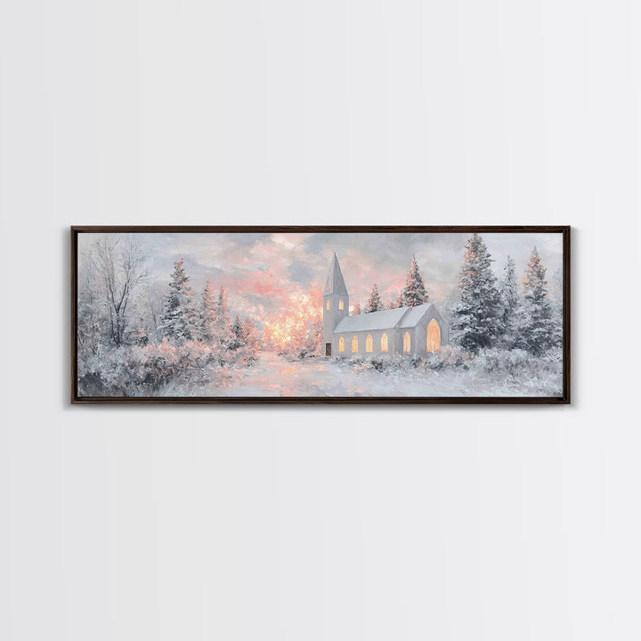 Radiant Winter Church, Framed Canvas Print, Christmas Wall Art, Christian Art Canvas, Moody Christmas Art, Panoramic Wall Art, Christian De