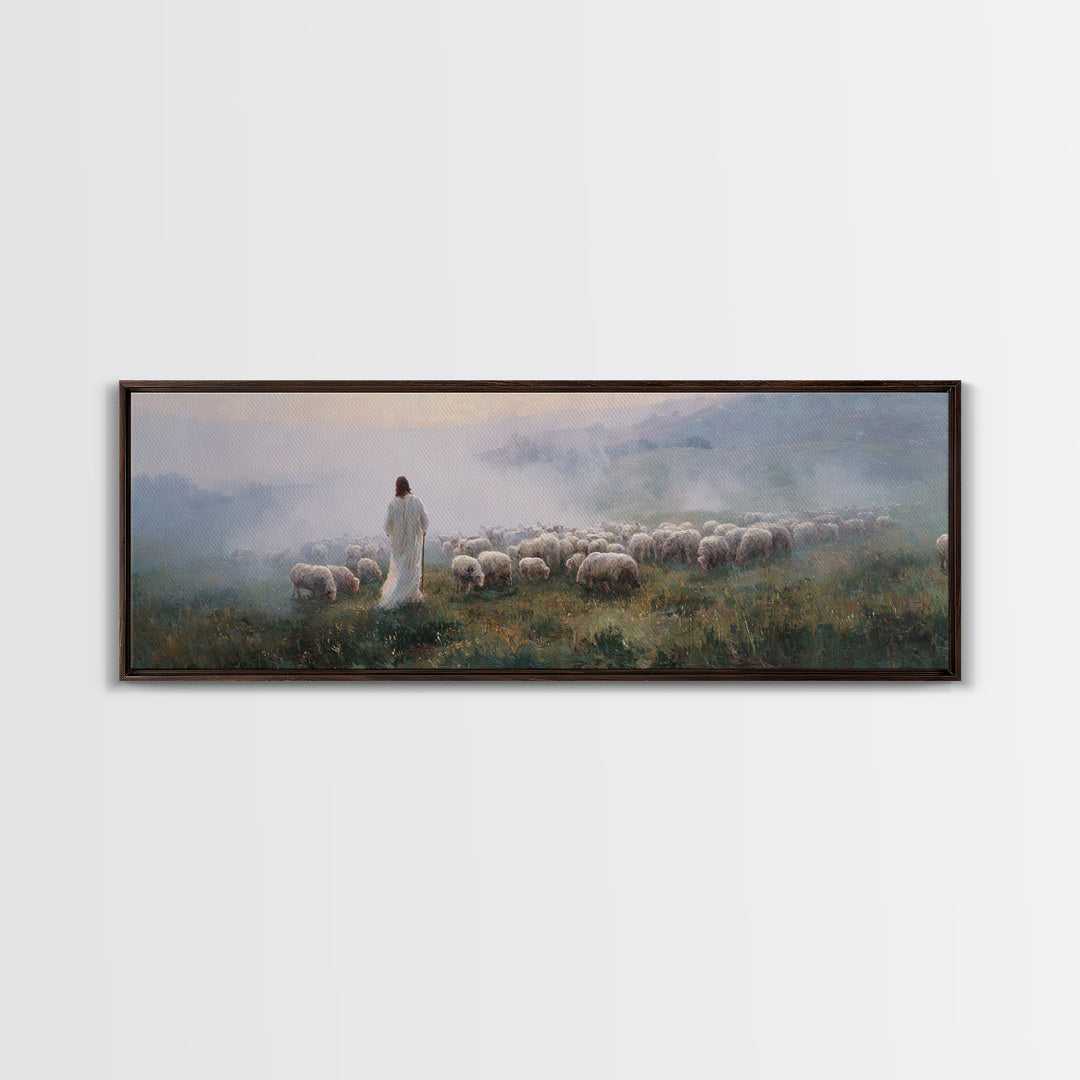 Morning Shepherd Peace, Framed Canvas Print, Jesus Painting, Christian Art Canvas, Pastoral Christian Art, Panoramic Art, Christian Gift Id