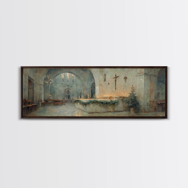 Glowing Chapel Stillness, Framed Canvas Print, Christmas Art Prints, Christian Wall Art, Panoramic Art, Christian Art Canvas, Christian Chr
