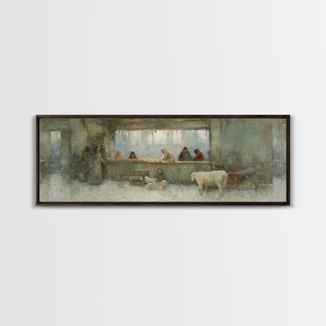 Silent Stable Light – Framed Canvas Print – Panoramic Art – Christian Wall Art – Christian Art Canvas – Christmas Art – Jesus Painting – Ch
