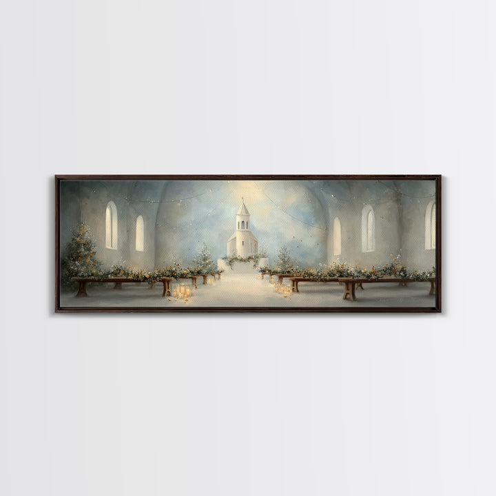 Quiet Church Reverence | Framed Canvas Print | Christian Art | Christmas Wall Art | Panoramic Painting | Christian Art Work | Christian Chr