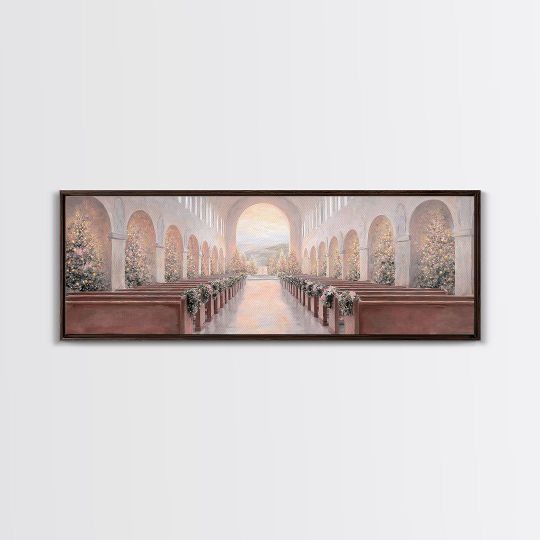 Winter Chapel Radiance, Framed Canvas Print, Christian Wall Art, Christian Art Canvas, Panoramic Art, Christmas Art, Christian Christmas De