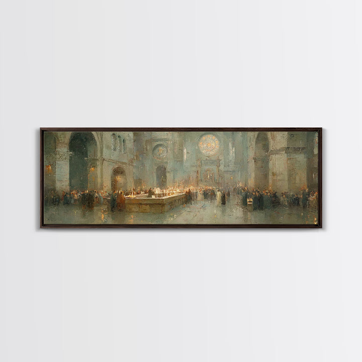 Gathered In Worship – Framed Canvas Print – Christian Wall Art – Panoramic Frame – Christmas Art – Christian Art Canvas – Christian Christm
