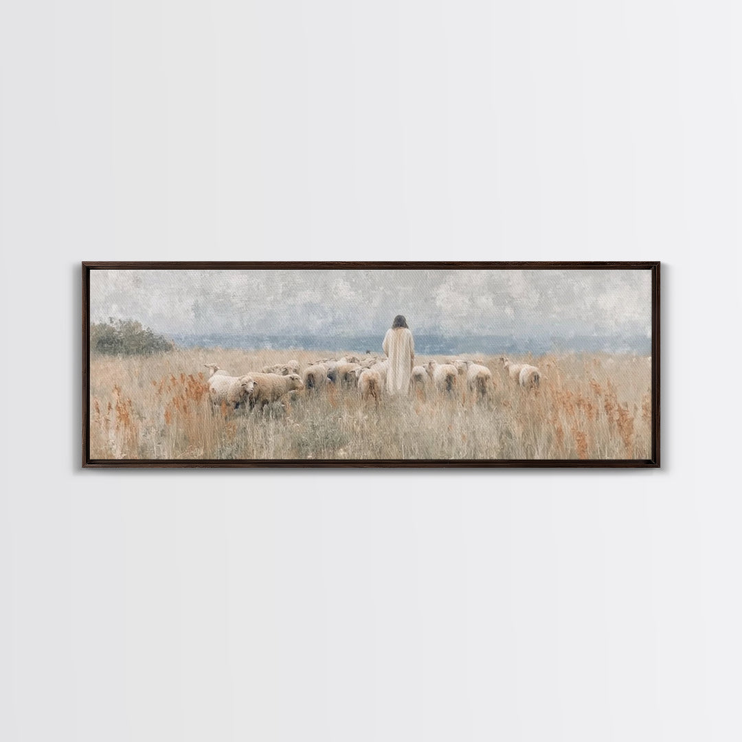 Pastoral Grace – Framed Canvas Print – Christian Wall Art – Jesus Painting – Panoramic Art – Christian Art Canvas – Christmas Art