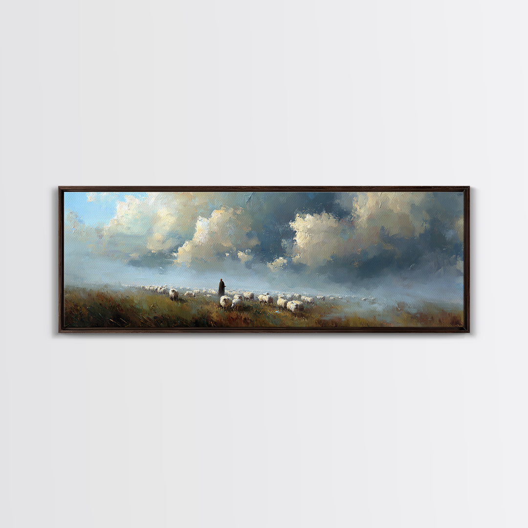 Morning Shepherd Light, Framed Canvas Print, Christian Wall Art, Panoramic Art, Jesus Painting, Modern Christian Art, Christmas Wall Art
