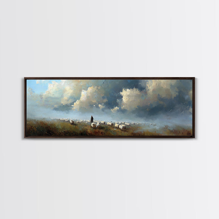 Morning Shepherd Light, Framed Canvas Print, Christian Wall Art, Panoramic Art, Jesus Painting, Modern Christian Art, Christmas Wall Art