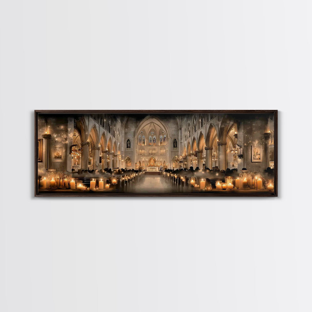 Cathedral Candle Vigil – Framed Canvas Print – Christian Wall Art – Panoramic Painting – Christian Christmas Art – Christian Art Canvas – C