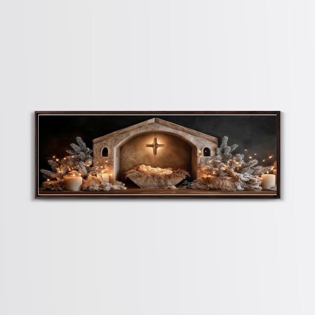 Holy Night Glow – Framed Canvas Print – Christian Wall Art – Panoramic Art – Christian Christmas Art – Christian Art Canvas – Christmas Art