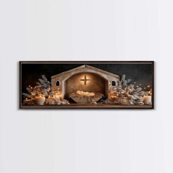 Holy Night Glow – Framed Canvas Print – Christian Wall Art – Panoramic Art – Christian Christmas Art – Christian Art Canvas – Christmas Art