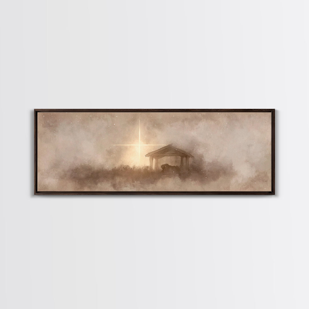 Silent Manger Light, Framed Canvas Print, Christian Christmas Art, Panoramic Art, Christian Wall Art, Christmas Canvas Wall Art, Christian