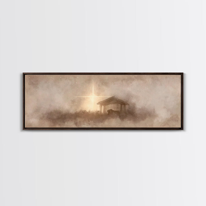 Silent Manger Light, Framed Canvas Print, Christian Christmas Art, Panoramic Art, Christian Wall Art, Christmas Canvas Wall Art, Christian