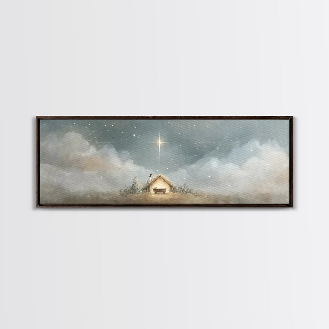 Manger Serenity, Framed Canvas Print, Christmas Art, Panoramic Wall Art, Christian Art Canvas, Christian Christmas Decor, Christian Paintin