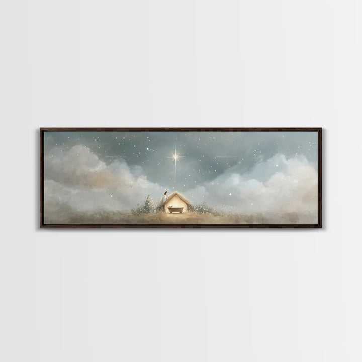 Manger Serenity, Framed Canvas Print, Christmas Art, Panoramic Wall Art, Christian Art Canvas, Christian Christmas Decor, Christian Paintin