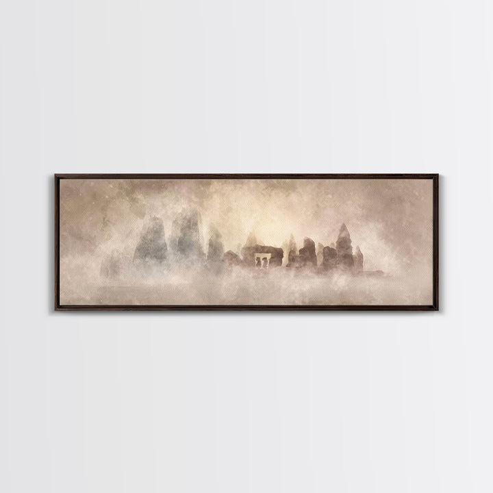 Misty Ancient Stones | Framed Canvas Print | Christian Art | Christian Painting | Minimalist Christian Art | Panoramic Art | Christian Wall