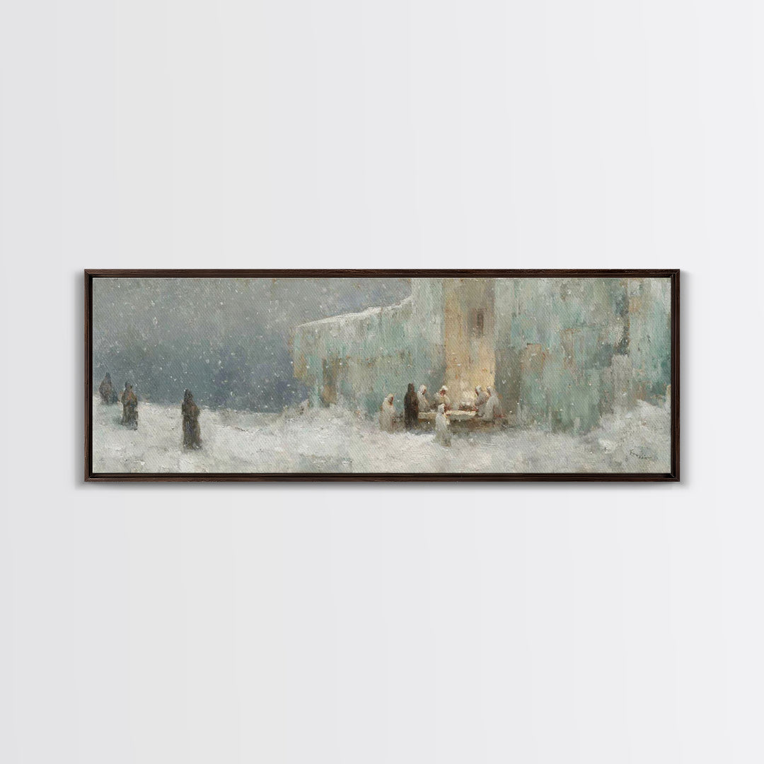 Winter Gathering Light, Framed Canvas Print, Christian Wall Art, Christian Art Canvas, Christmas Art Prints, Panoramic Painting, Christian