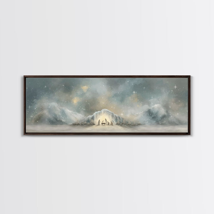 Starry Mountain Birth – Framed Canvas Print – Christian Christmas Art – Christian Art Canvas – Jesus Painting – Panoramic Frame – Christian