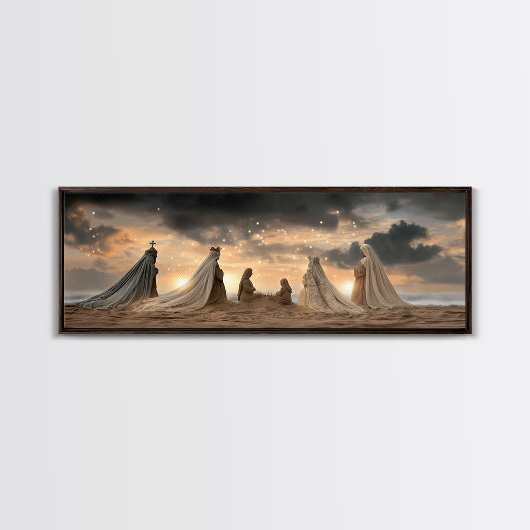 Sandy Nativity Horizon – Framed Canvas Print – Christian Christmas Art – Christian Art Canvas – Jesus Wall Art – Panoramic Art – Christian