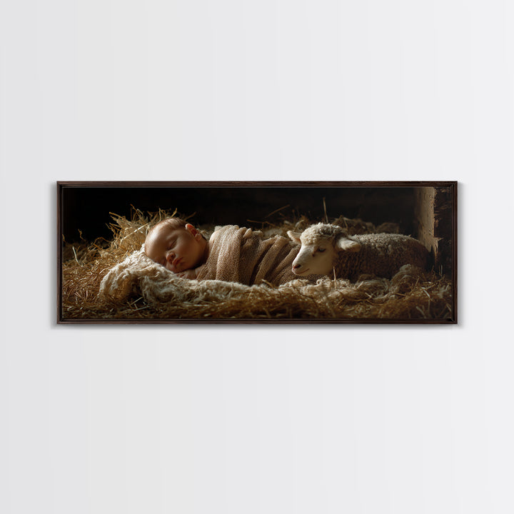 Quiet Manger Glow, Framed Canvas Print, Christian Wall Art, Panoramic Frame, Christian Art Canvas, Christian Christmas Art, Jesus Christmas