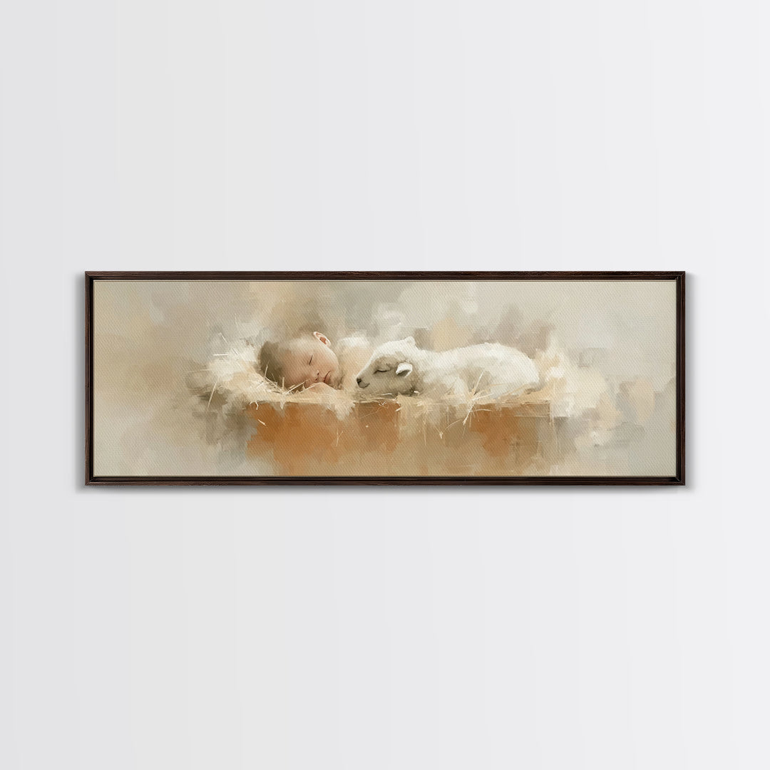Innocent Manger Dream | Framed Canvas Print | Christian Art Canvas | Panoramic Art | Christmas Art Prints | Christian Wall Art | Christian