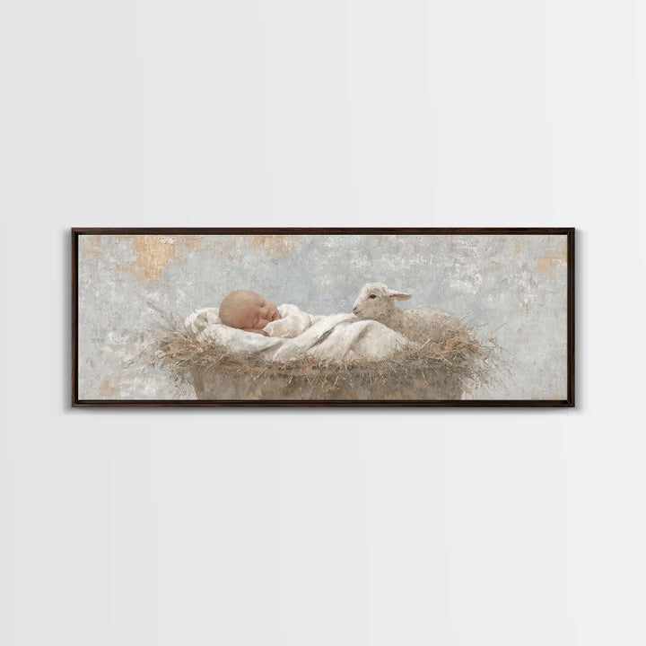 Tiny Manger Grace – Framed Canvas Print – Christmas Wall Art – Christian Art Canvas – Panoramic Painting – Jesus Christmas Art – Christian