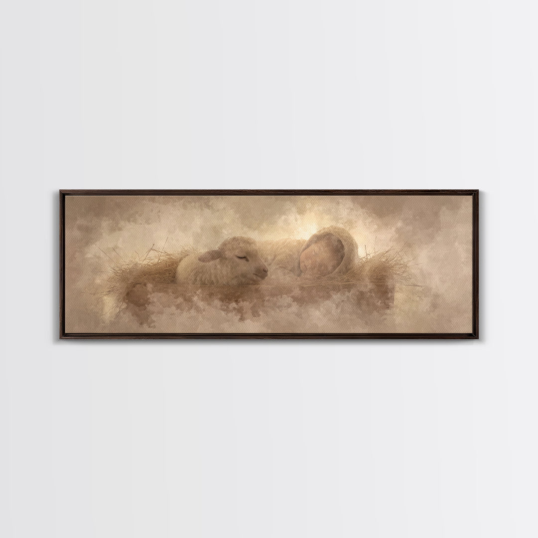 Sacred Cradle Light, Framed Canvas Print, Christian Christmas Art, Panoramic Wall Art, Christian Art Canvas, Jesus Art Print, Christian Wal