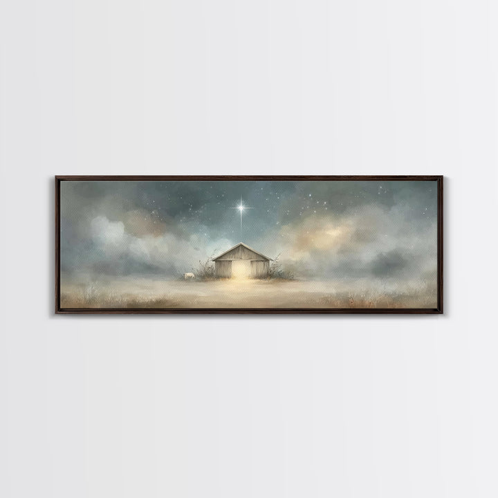 Starry Night Manger | Framed Canvas Print | Christian Wall Art | Panoramic Painting | Christmas Wall Art | Jesus Painting