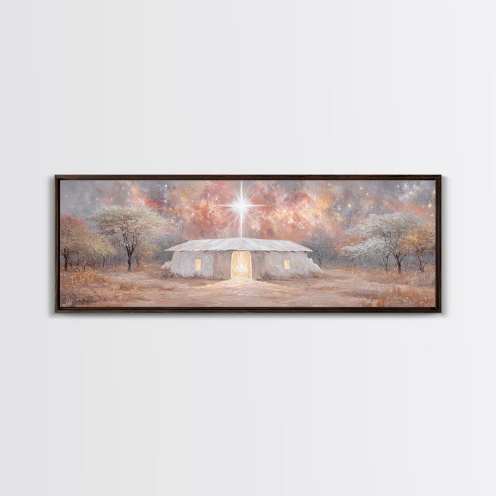 Bethlehem Dawn Glow, Framed Canvas Print, Christian Art, Panoramic Print, Christmas Art, Christian Wall Art, Jesus Painting