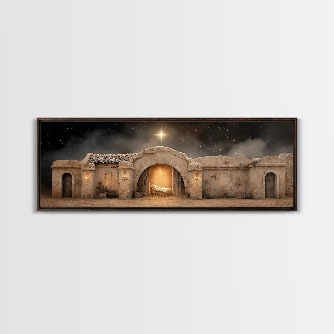 Radiant Stable Peace – Framed Canvas Print – Christian Wall Art – Panoramic Frame – Christmas Art – Christian Art Canvas – Jesus Painting