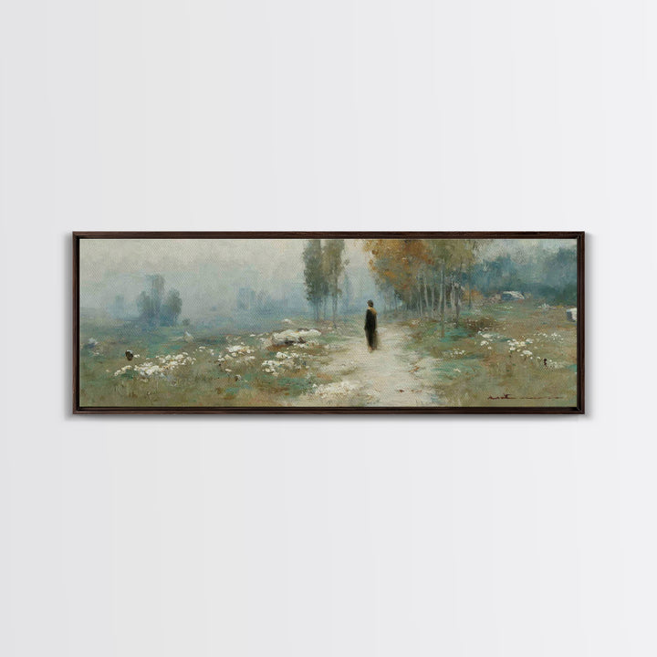 Misty Valley Walk, Framed Canvas Print, Christian Art Canvas, Panoramic Wall Art, Christian Art, Jesus Painting, Christmas Art