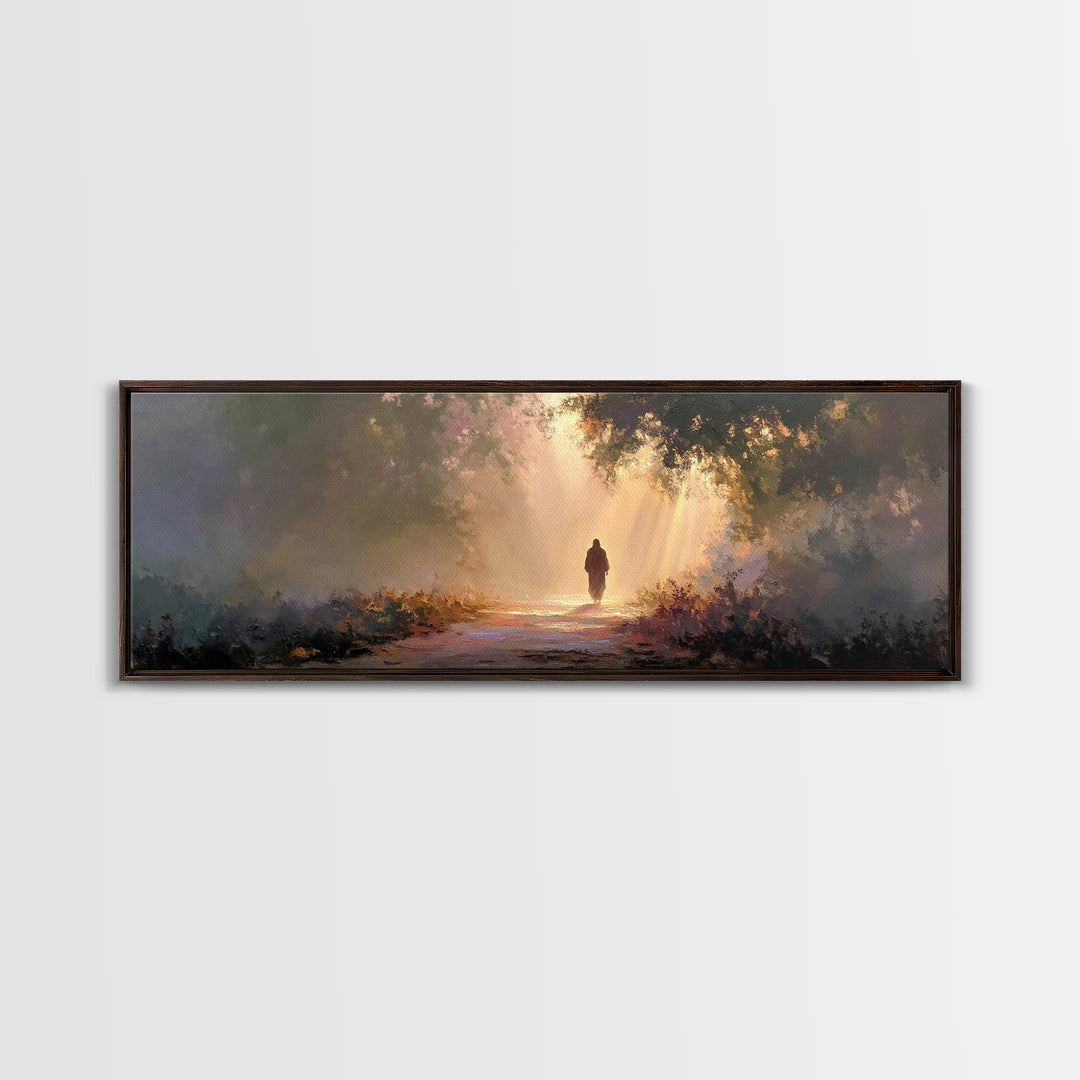 Radiant Woodland Path | Framed Canvas Print | Panoramic Art | Jesus Painting | Christian Art Canvas | Moody Christian Art | Christian Wall