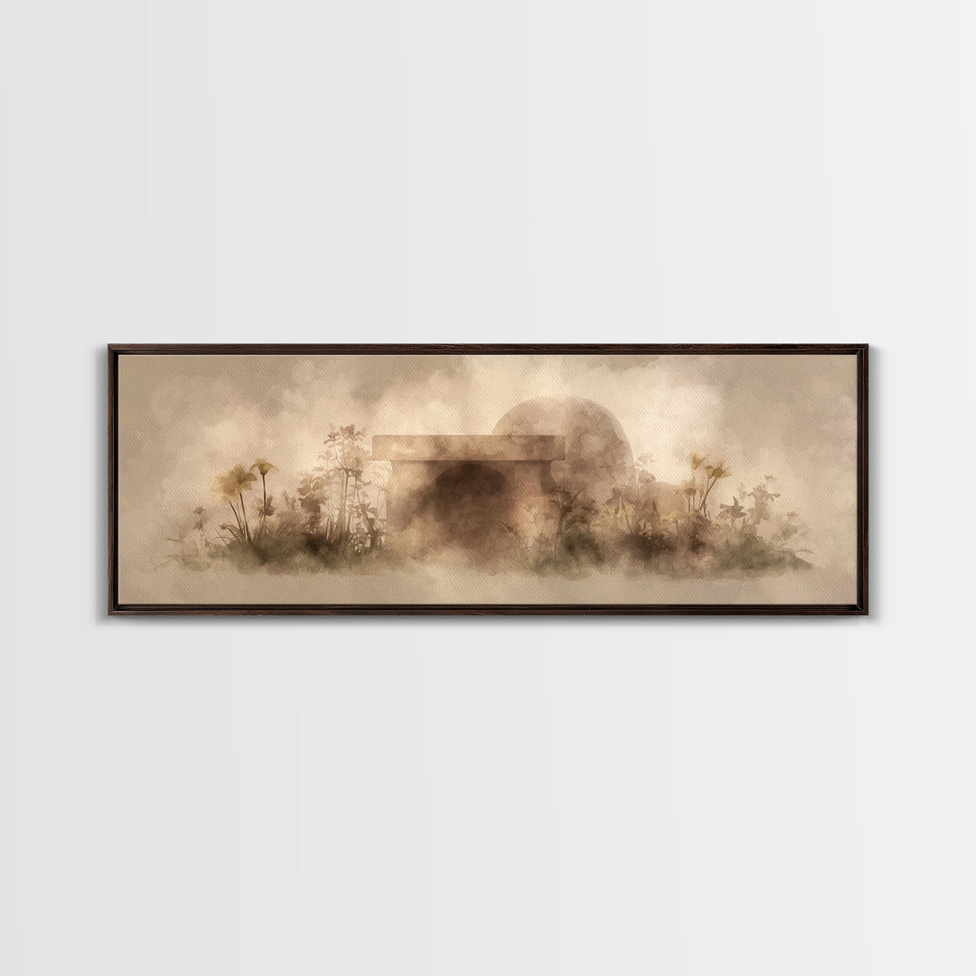 Dawn At The Empty Tomb, Framed Canvas Print, Panoramic Wall Art, Christian Art Canvas, Christian Wall Art, Easter Christian Art, Christian