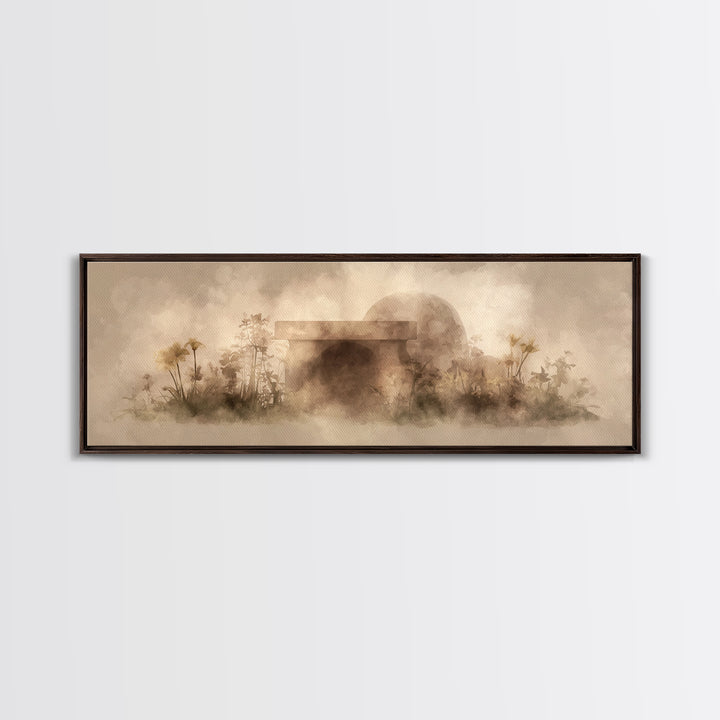 Dawn At The Empty Tomb, Framed Canvas Print, Panoramic Wall Art, Christian Art Canvas, Christian Wall Art, Easter Christian Art, Christian