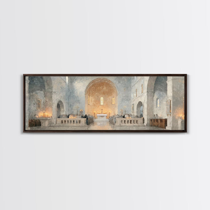 Starry Chapel Gathering, Framed Canvas Print, Panoramic Art, Christian Wall Art, Christian Art Canvas, Christmas Art Prints, Christian Chri