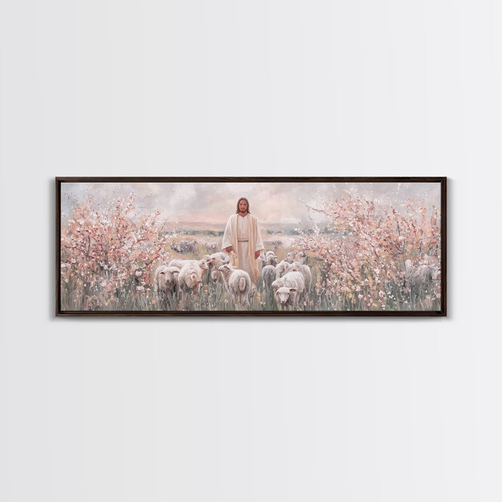 Shepherd Of Blossoms | Framed Canvas Print | Panoramic Art | Jesus Painting | Christian Art Canvas | Christian Christmas Art | Christian Wa