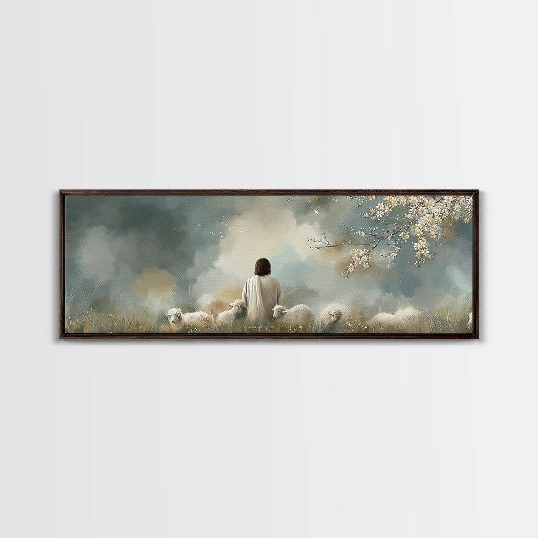 Peaceful Pasture Light – Framed Canvas Print – Panoramic Painting – Christian Art Canvas – Christian Wall Art – Jesus Painting – Christian