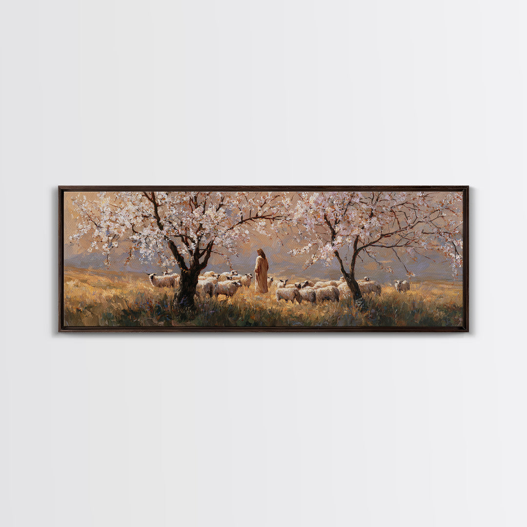 Shepherds In Bloom, Framed Canvas Print, Panoramic Wall Art, Christian Art Canvas, Jesus Painting, Christian Christmas Art, Christian Wall