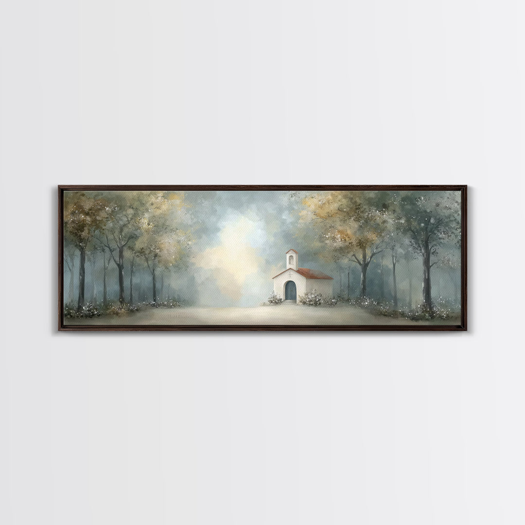 Forest Chapel Peace, Framed Canvas Print, Panoramic Art, Christian Art Canvas, Christian Wall Art, Christian Christmas Art, Christian Paint