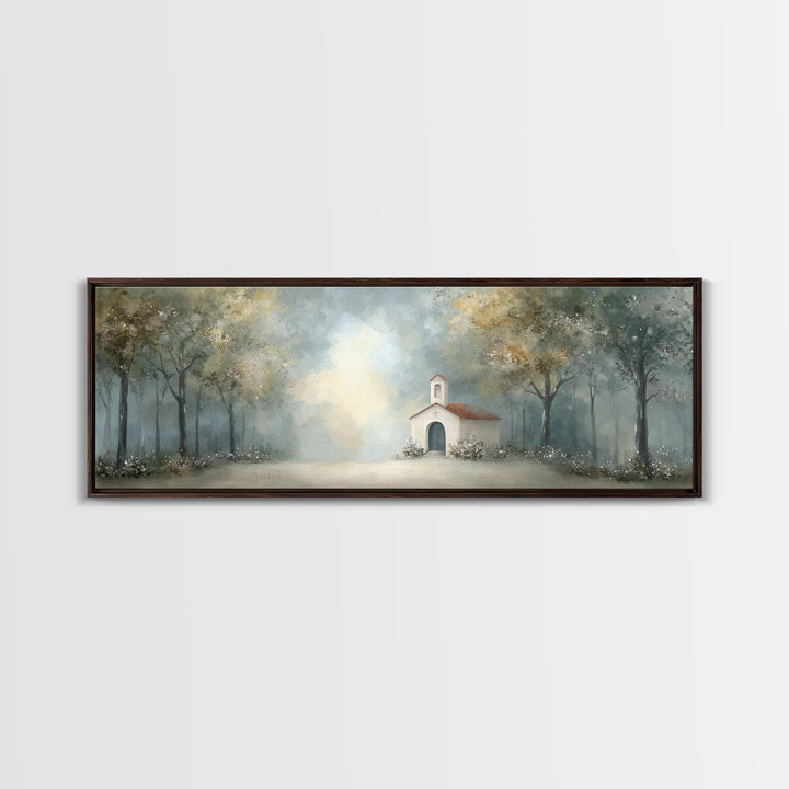 Forest Chapel Peace, Framed Canvas Print, Panoramic Art, Christian Art Canvas, Christian Wall Art, Christian Christmas Art, Christian Paint
