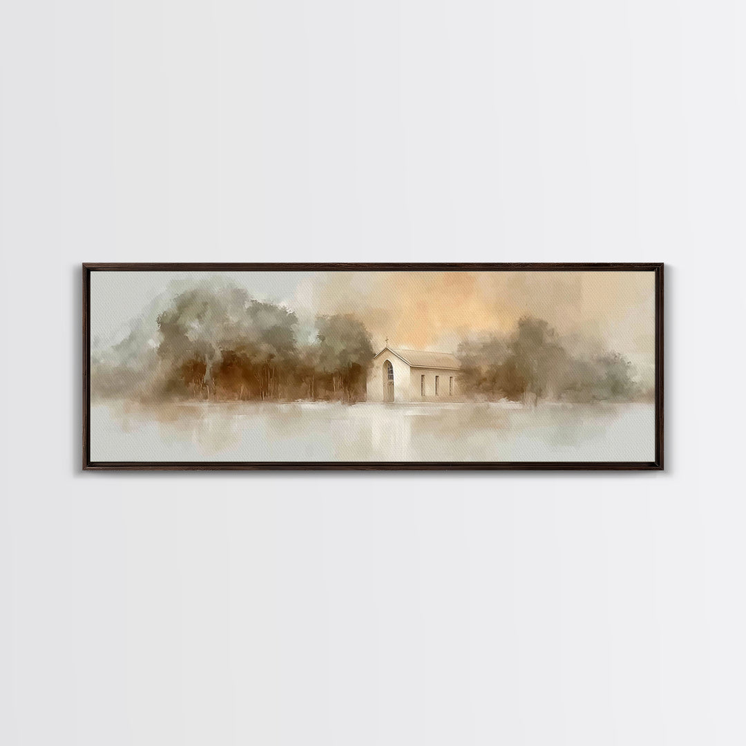 Soft Morning Chapel | Framed Canvas Print | Panoramic Wall Art | Christian Art Canvas | Christian Painting | Christian Christmas Art | Chri